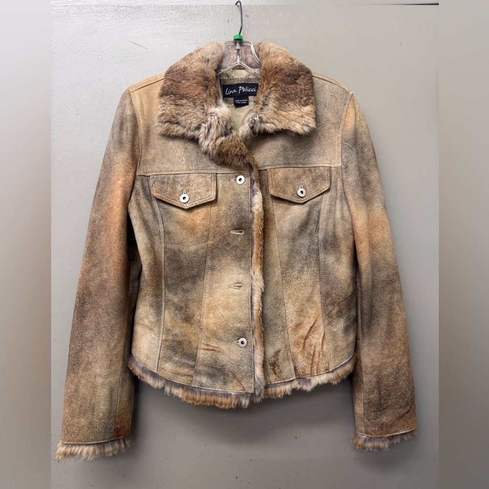 Lina Pelicci Genuine Leather Rabbit Fur Lined Trucker Jacket Womens Size M